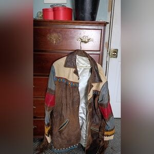 Vintage Multicolor Leather Jacket with Fringe/Aztec Designs